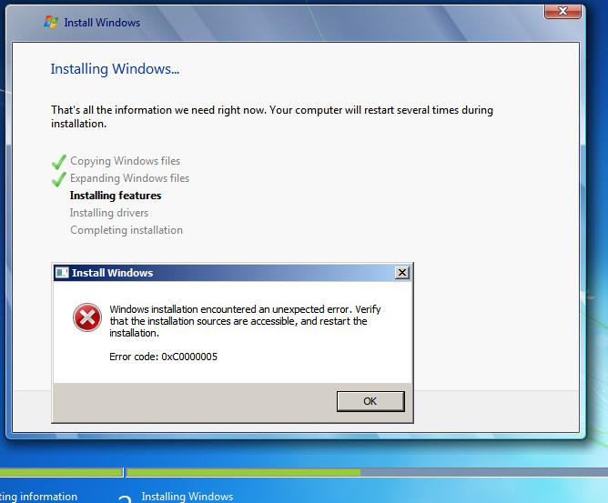 0xc0000005 - Windows Installation Error