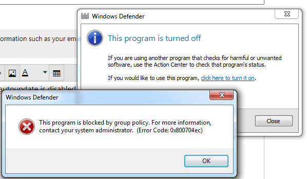 Error 0x800704e -Windows Defender and Windows Store