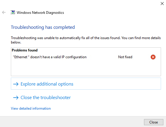 Ethernet Doesn't Have a Valid IP Configuration